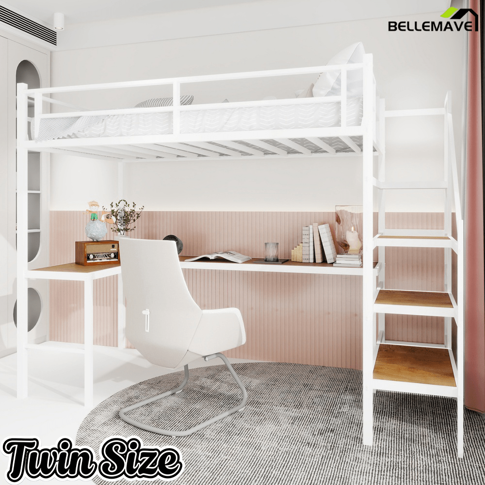 Bellemave® Metal Bunk Bed with L - Shaped Desk, Spacious Storage Space, Safety Protection Device & Ladder, No Need for Spring Mattress - Bellemave