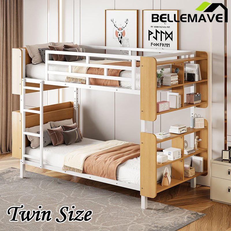 Bellemave® Metal Bunk Bed with Ladder and Full - Length Guardrail, Storage Space(Convertible) - Bellemave