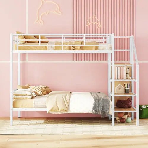 Bellemave® Metal Bunk Bed with Lateral Storage Ladder and Wardrobe - Bellemave