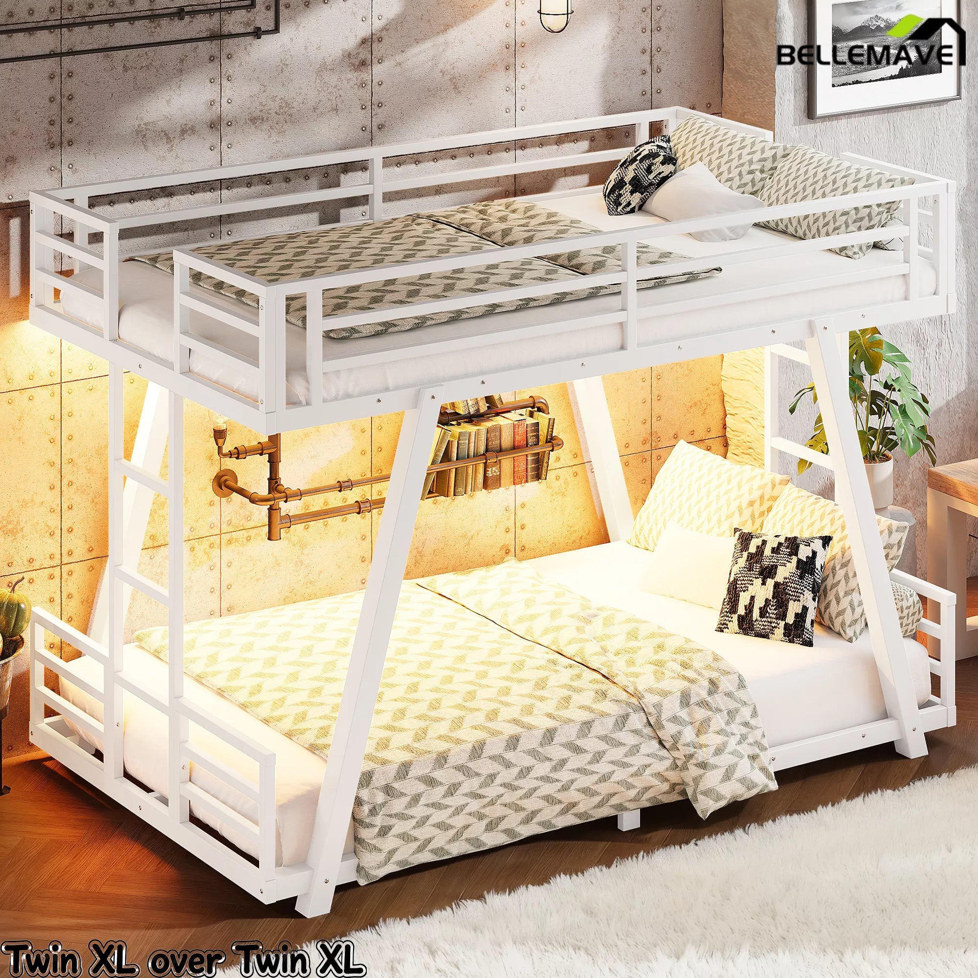 Bellemave® Metal Bunk Bed with LED Light, Dual Side Ladders, Low Profile Bunk Bed Frame - Bellemave