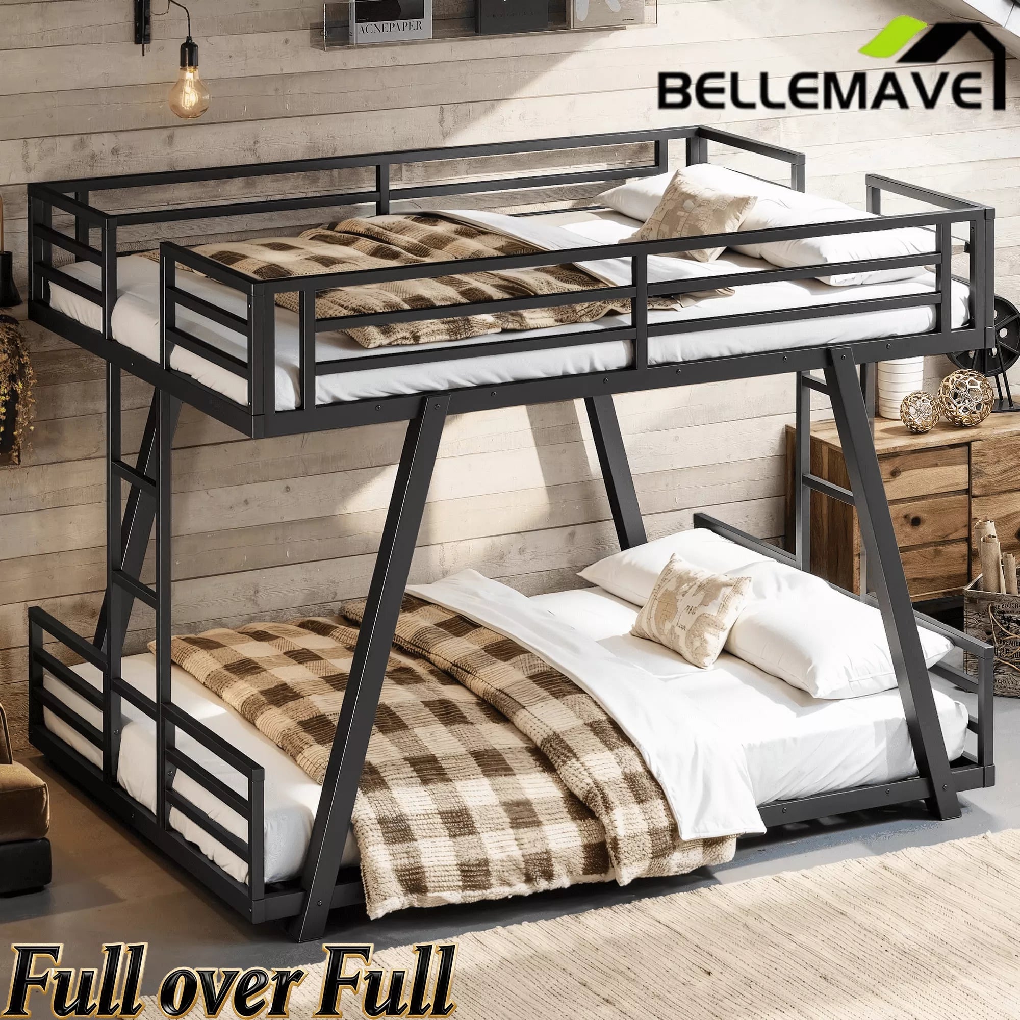 Bellemave® Metal Bunk Bed with LED Light, Dual Side Ladders, Low Profile Bunk Bed Frame - Bellemave