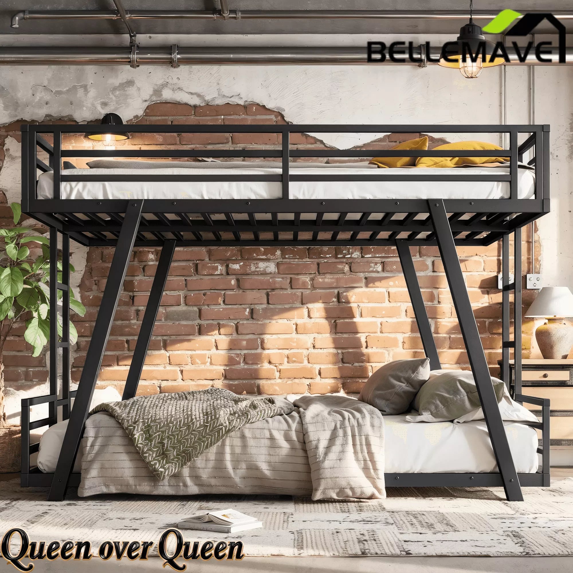 Bellemave® Metal Bunk Bed with LED Light, Dual Side Ladders, Low Profile Bunk Bed Frame - Bellemave
