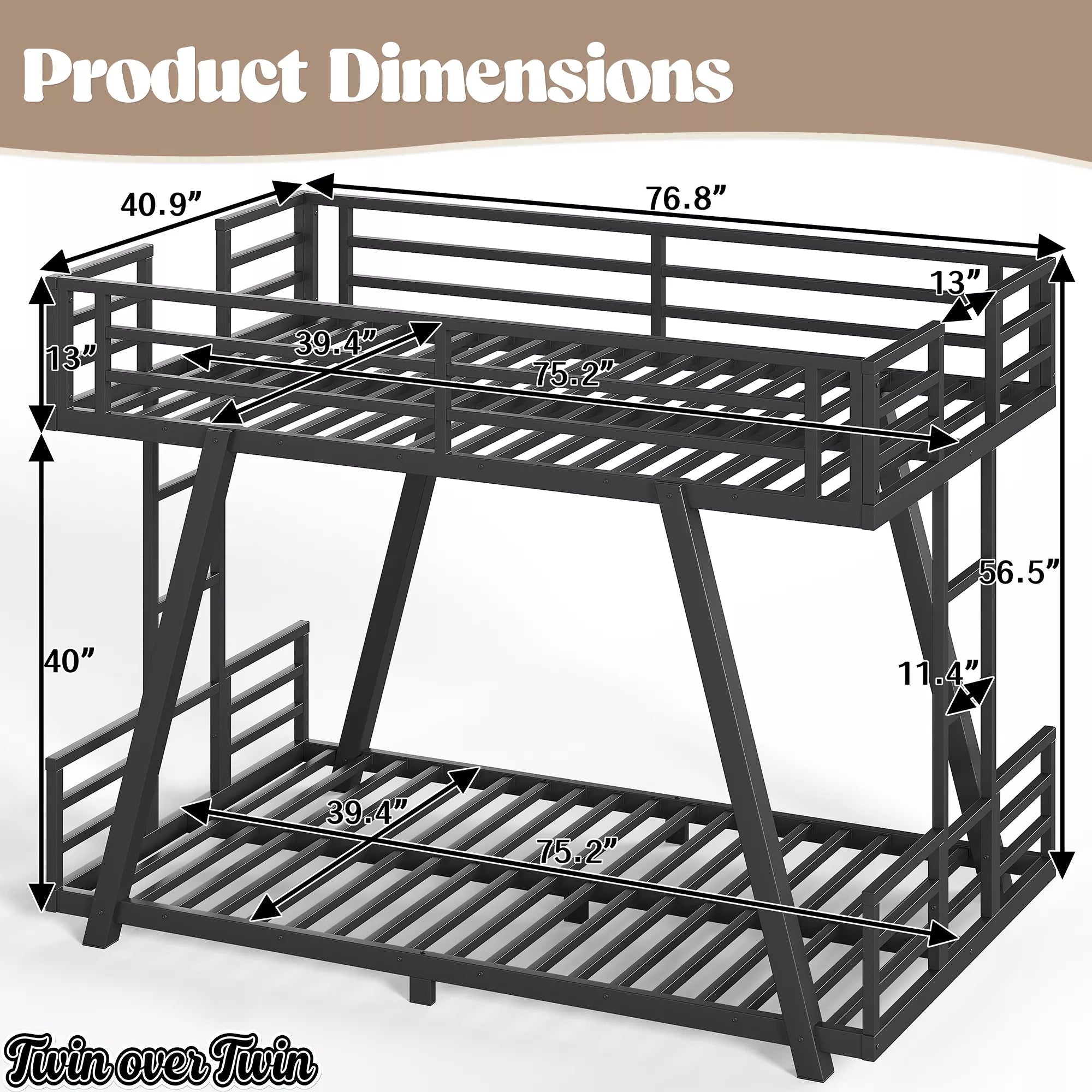 Bellemave® Metal Bunk Bed with LED Light, Dual Side Ladders, Low Profile Bunk Bed Frame - Bellemave