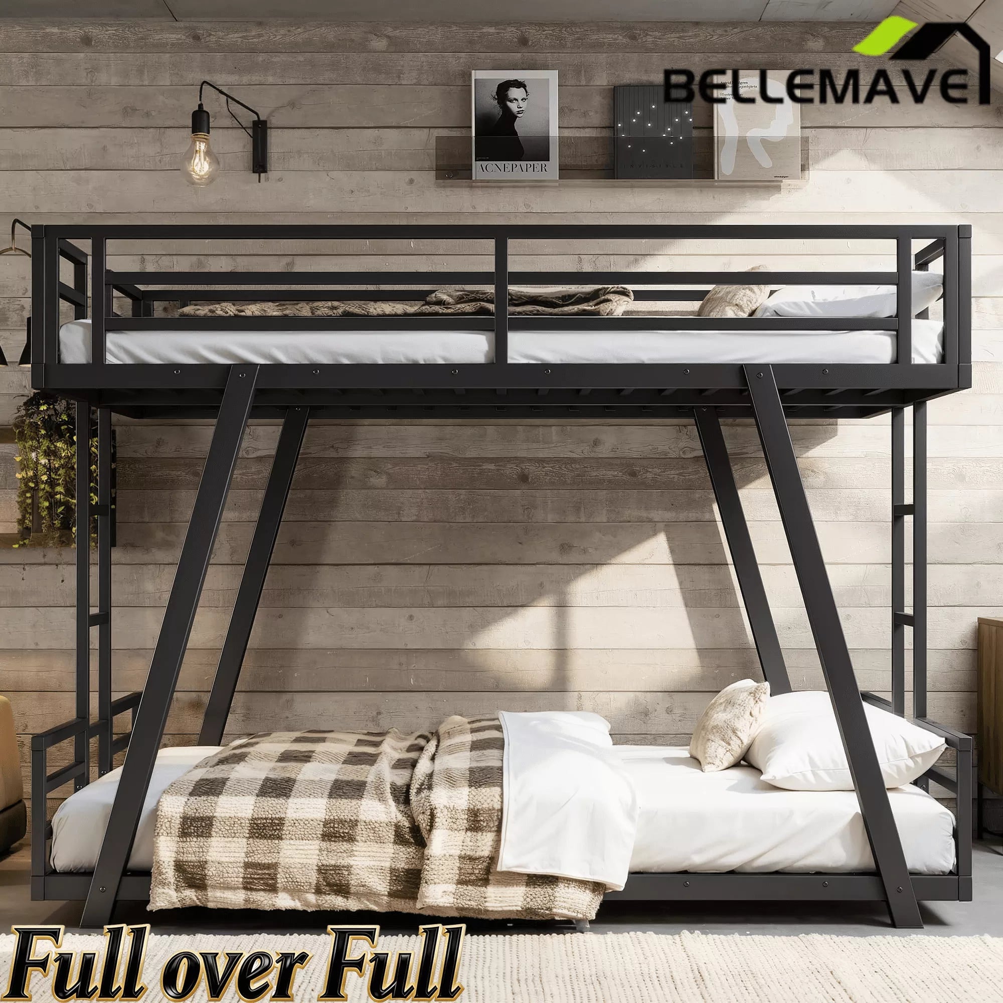 Bellemave® Metal Bunk Bed with LED Light, Dual Side Ladders, Low Profile Bunk Bed Frame - Bellemave