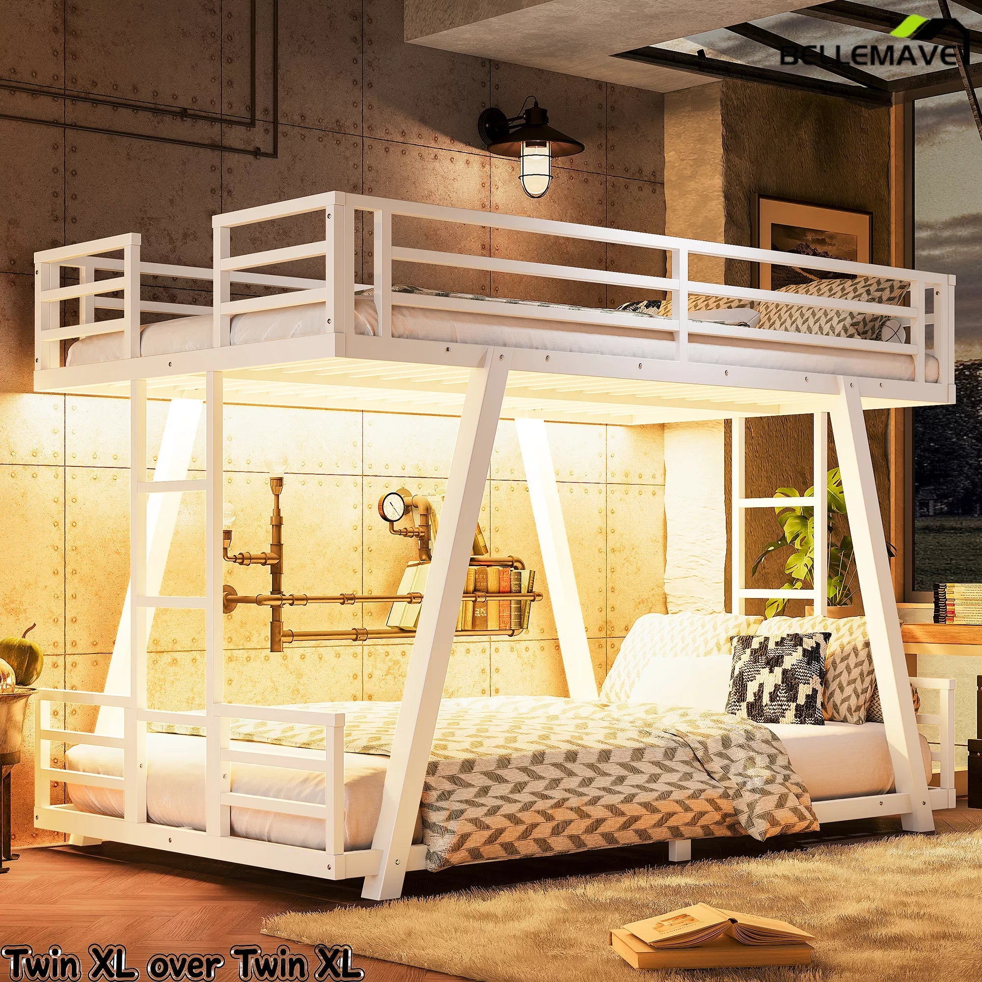 Bellemave® Metal Bunk Bed with LED Light, Dual Side Ladders, Low Profile Bunk Bed Frame - Bellemave