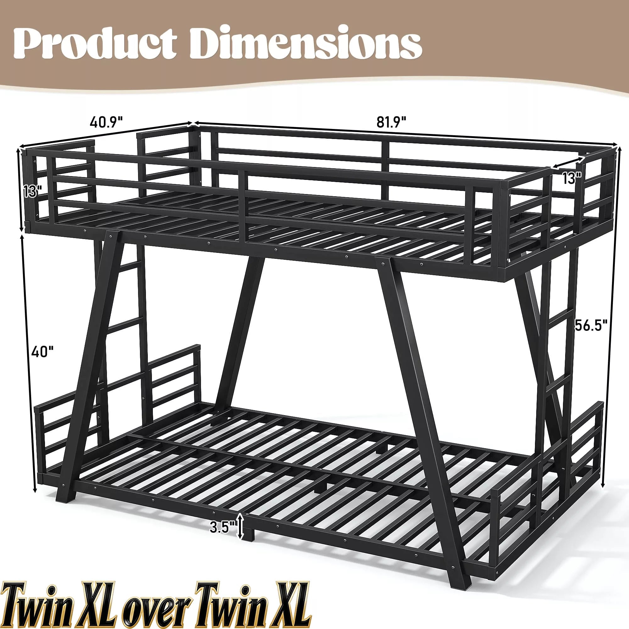 Bellemave® Metal Bunk Bed with LED Light, Dual Side Ladders, Low Profile Bunk Bed Frame - Bellemave