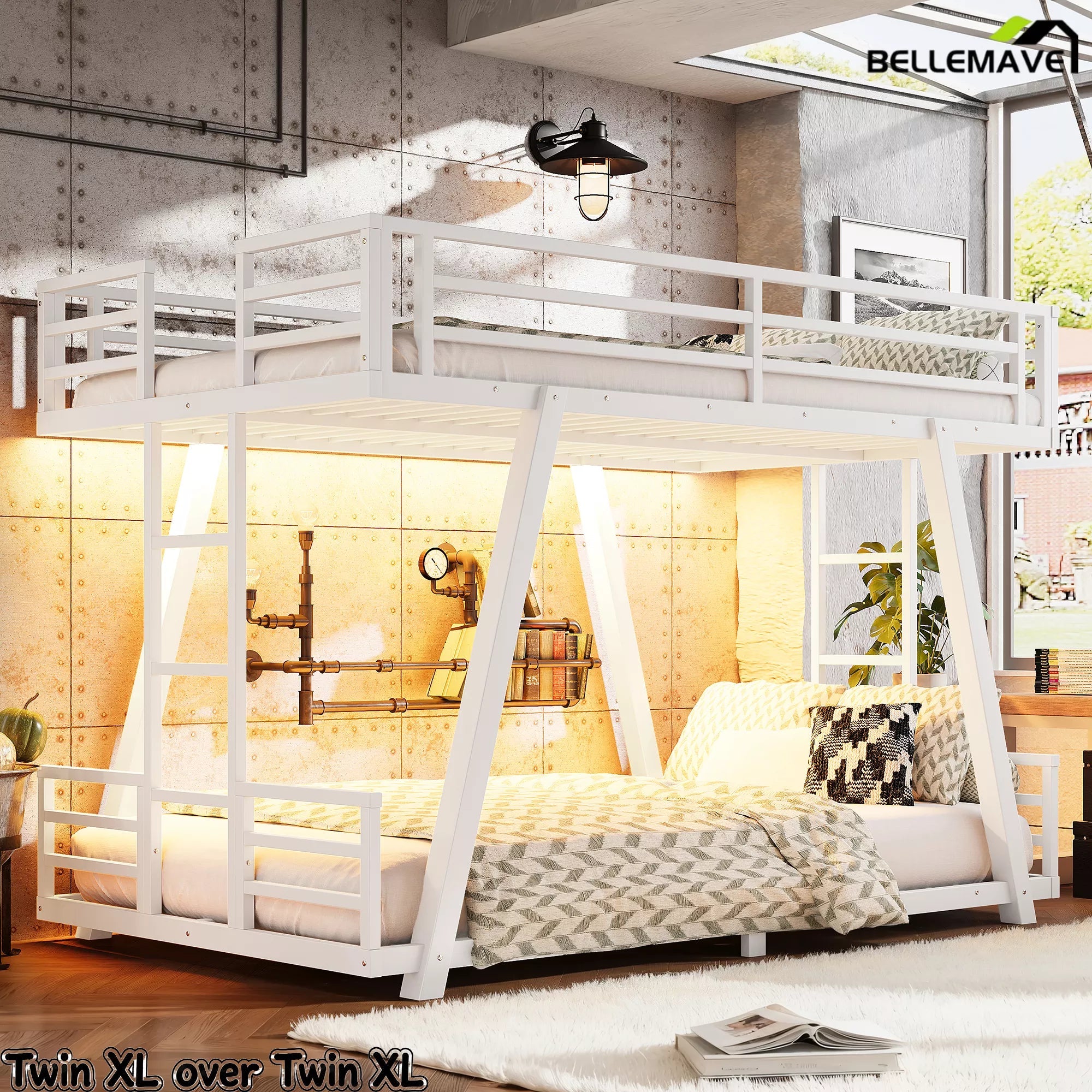 Bellemave® Metal Bunk Bed with LED Light, Dual Side Ladders, Low Profile Bunk Bed Frame - Bellemave