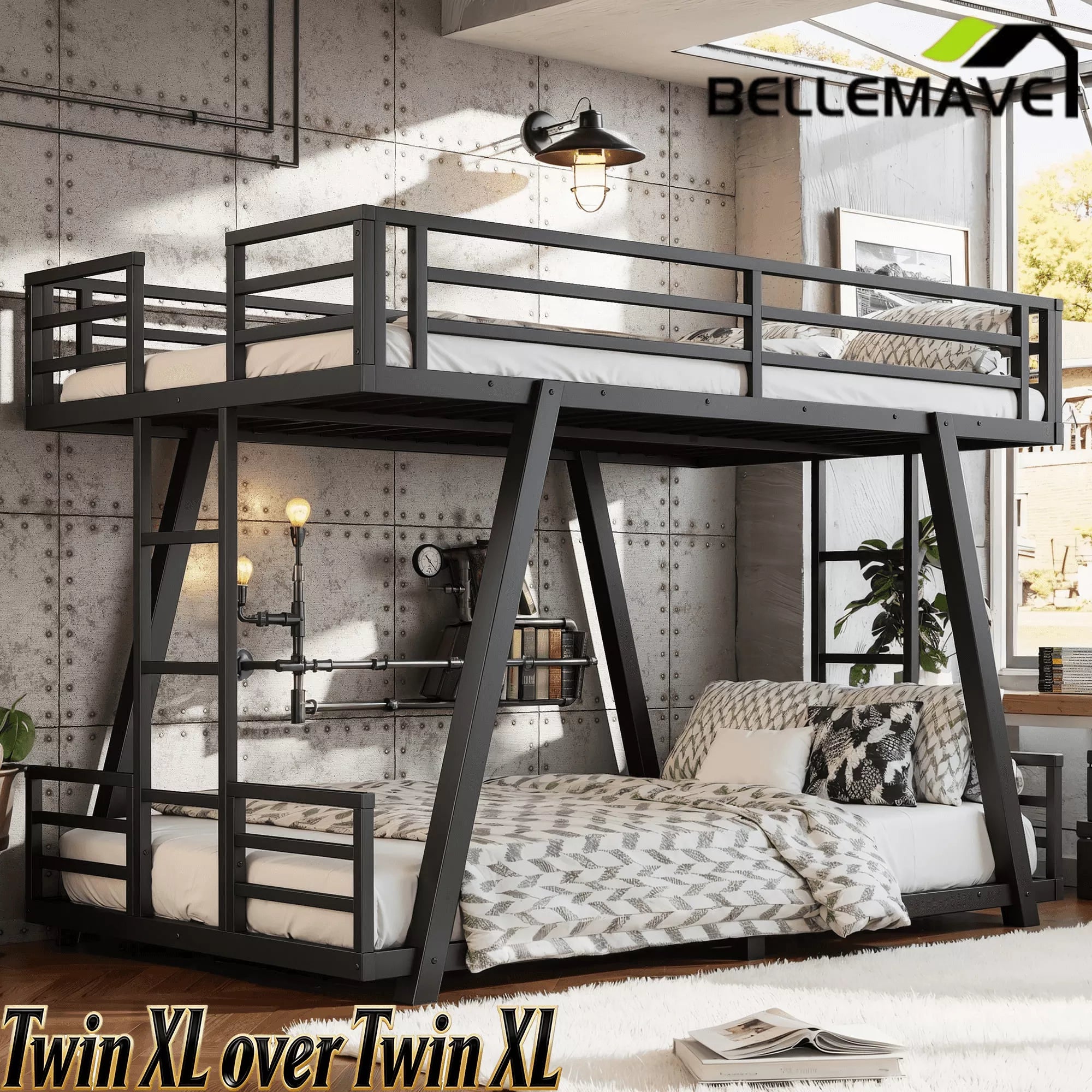 Bellemave® Metal Bunk Bed with LED Light, Dual Side Ladders, Low Profile Bunk Bed Frame - Bellemave