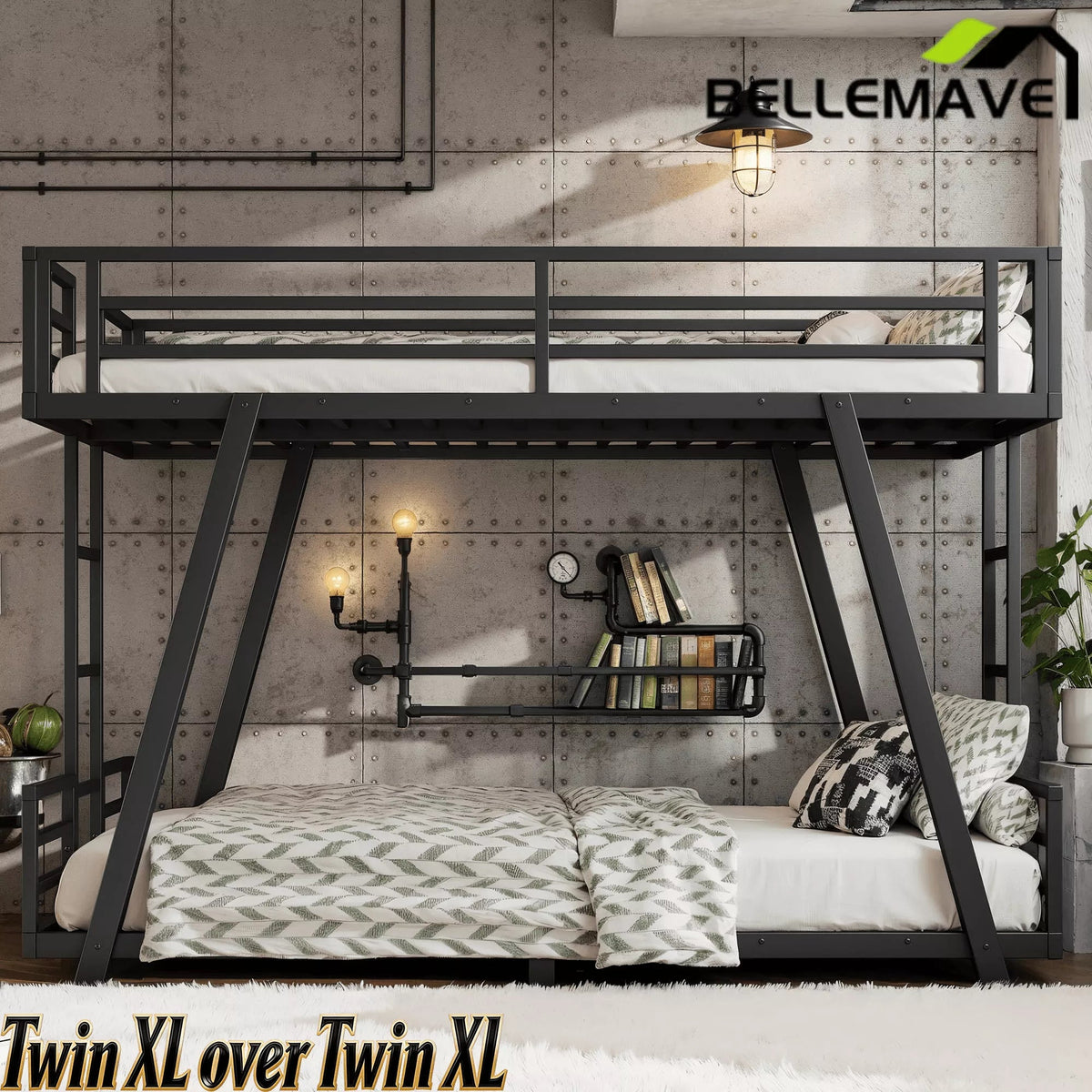 Bellemave® Metal Bunk Bed with LED Light, Dual Side Ladders, Low Profile Bunk Bed Frame - Bellemave