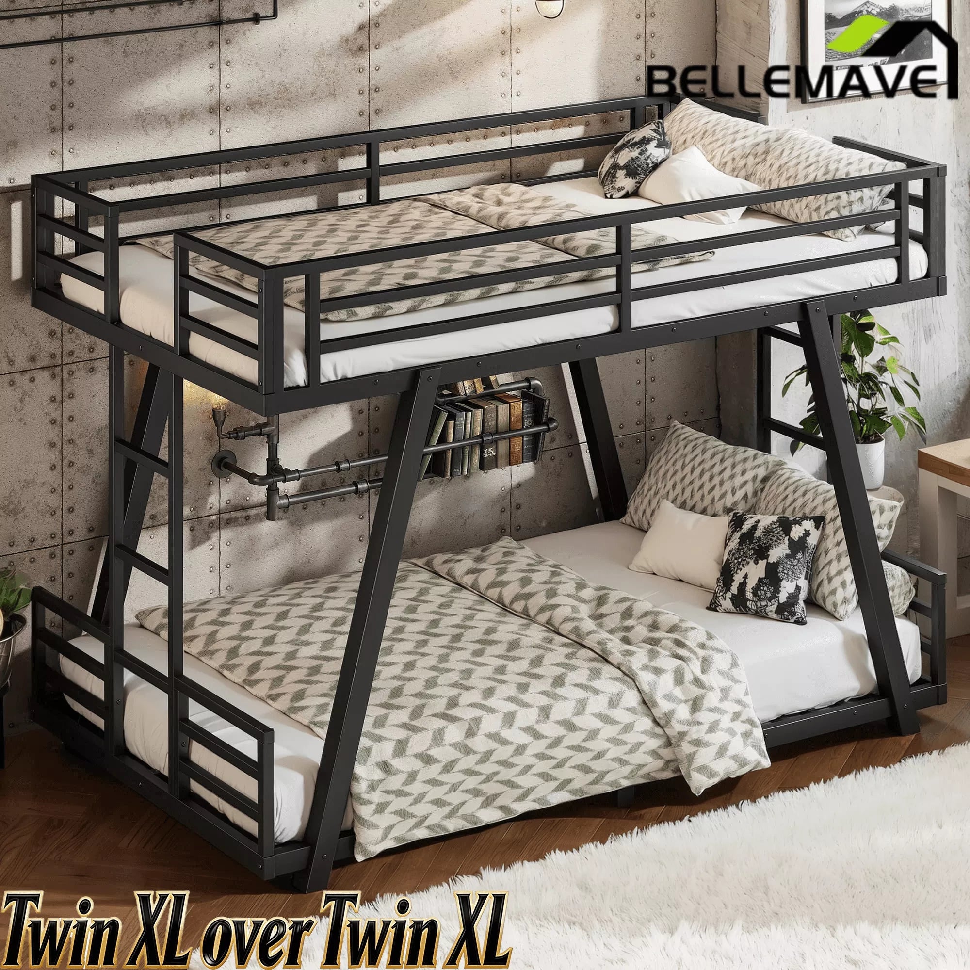 Bellemave® Metal Bunk Bed with LED Light, Dual Side Ladders, Low Profile Bunk Bed Frame - Bellemave