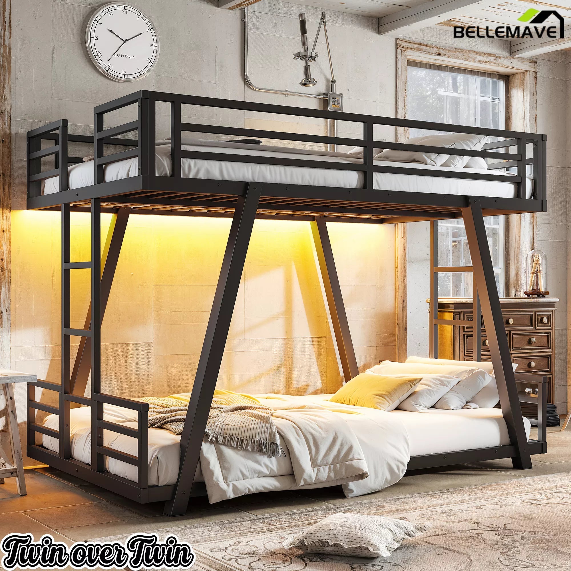 Bellemave® Metal Bunk Bed with LED Light, Dual Side Ladders, Low Profile Bunk Bed Frame - Bellemave