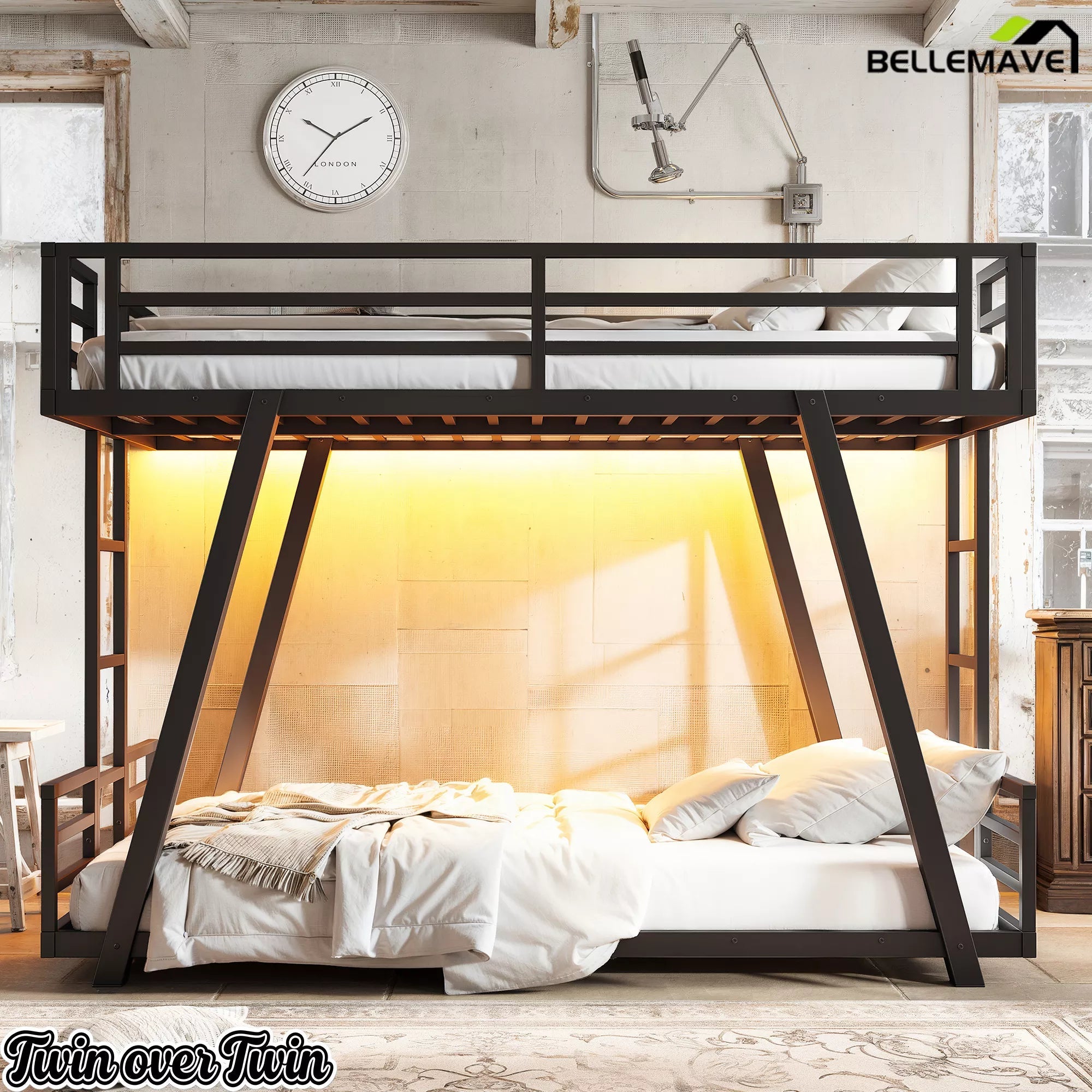Bellemave® Metal Bunk Bed with LED Light, Dual Side Ladders, Low Profile Bunk Bed Frame - Bellemave