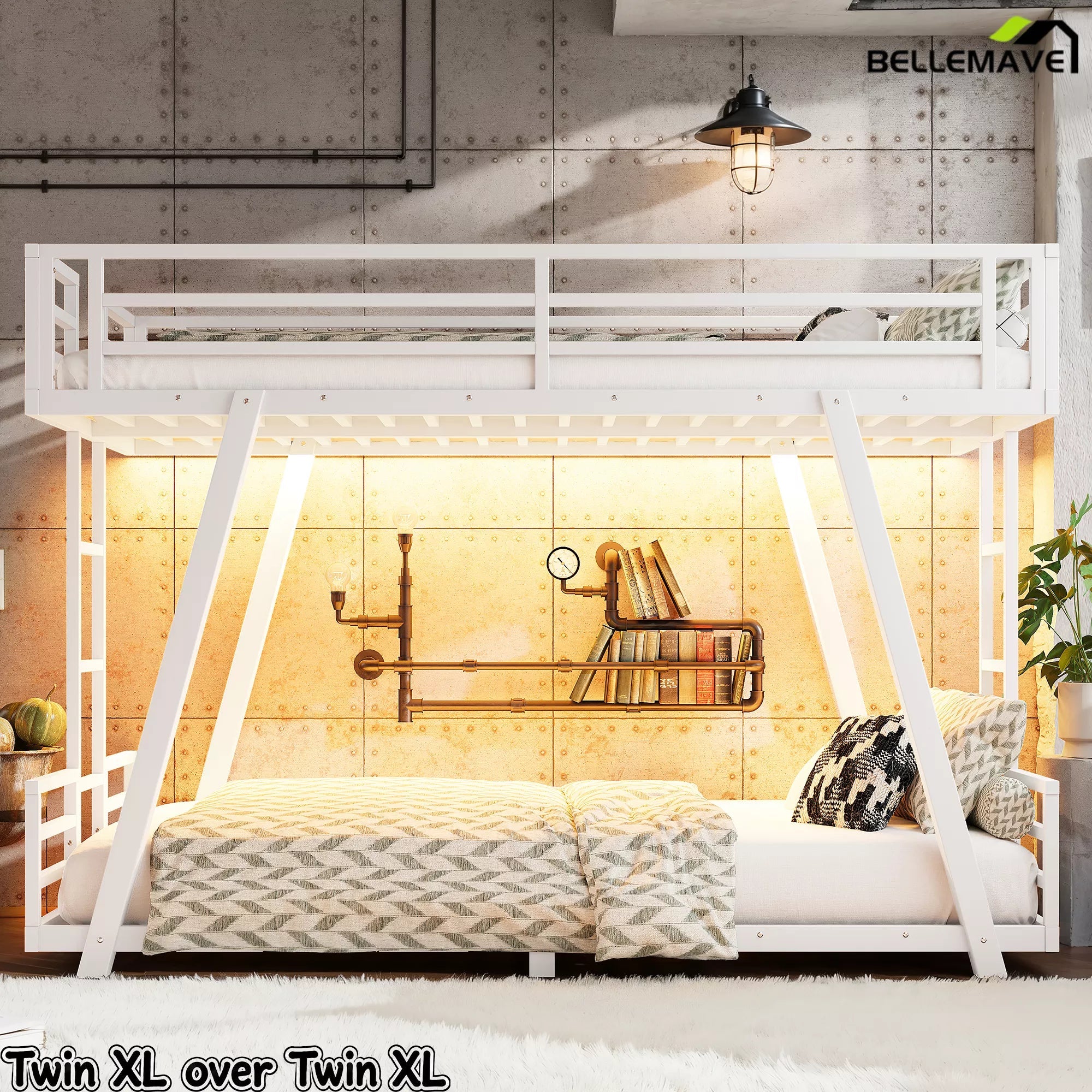 Bellemave® Metal Bunk Bed with LED Light, Dual Side Ladders, Low Profile Bunk Bed Frame - Bellemave