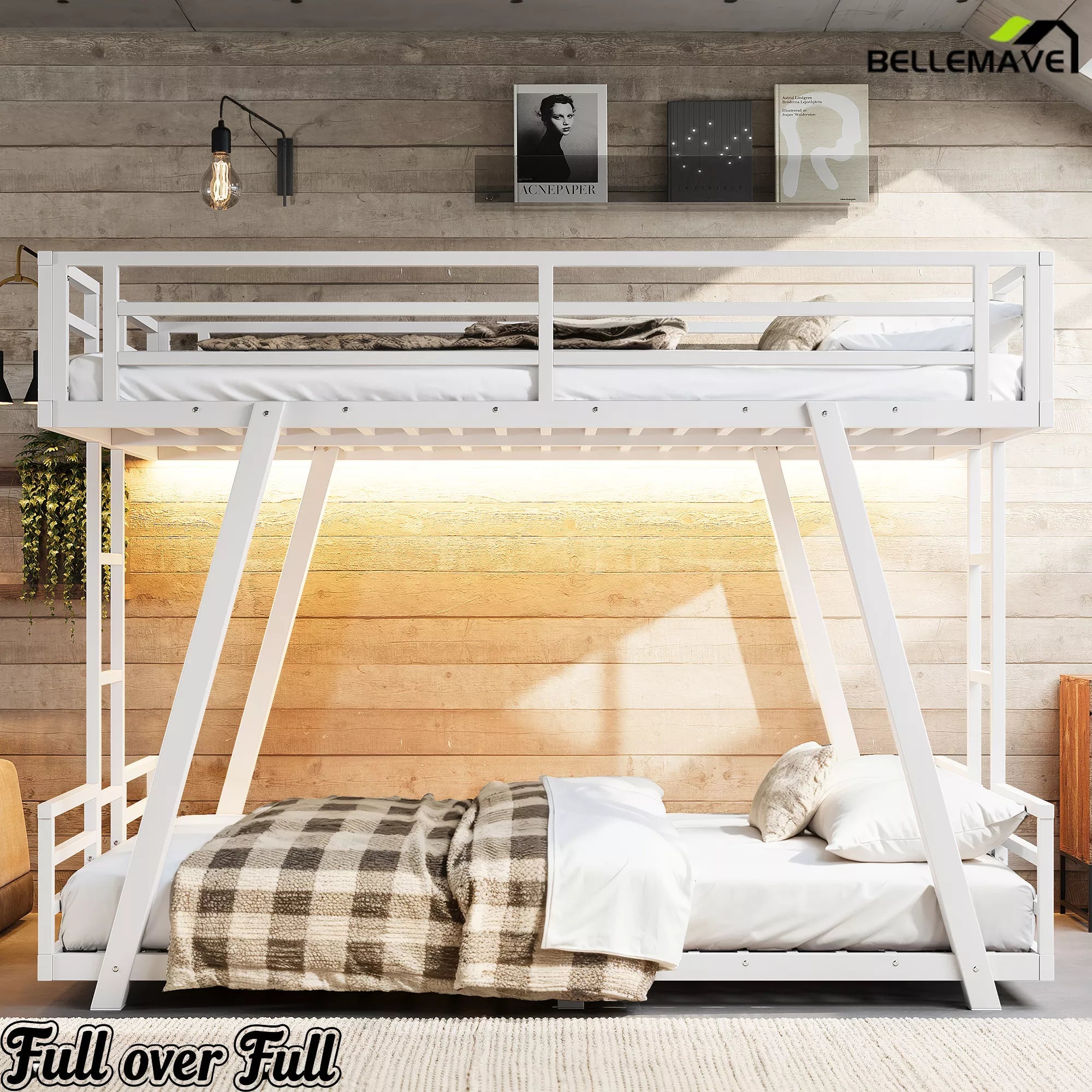 Bellemave® Metal Bunk Bed with LED Light, Dual Side Ladders, Low Profile Bunk Bed Frame - Bellemave