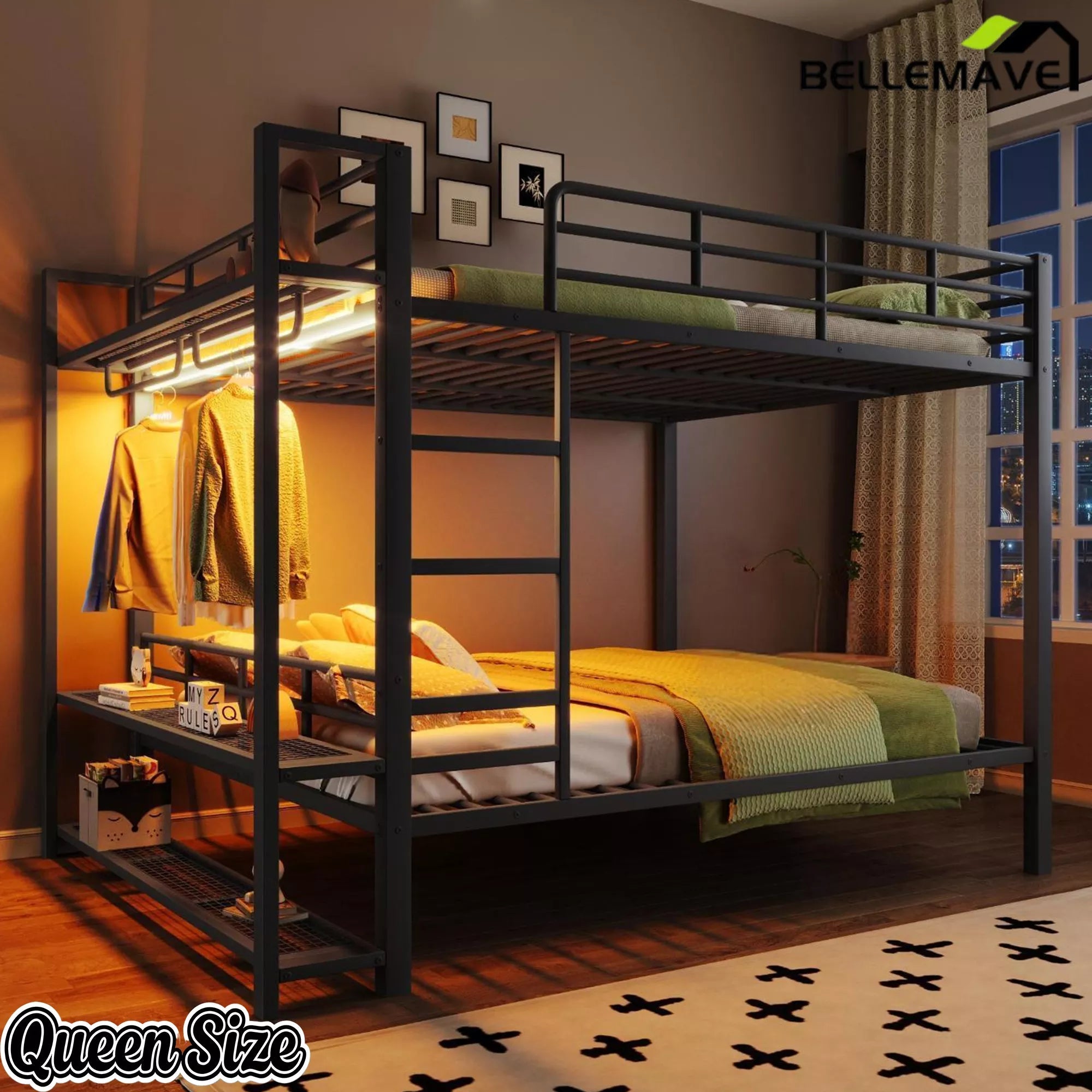 Bellemave® Metal Bunk Bed with Storage Shelves and LED Light, Space Saving Bed Frame for Kids & Teens - Bellemave