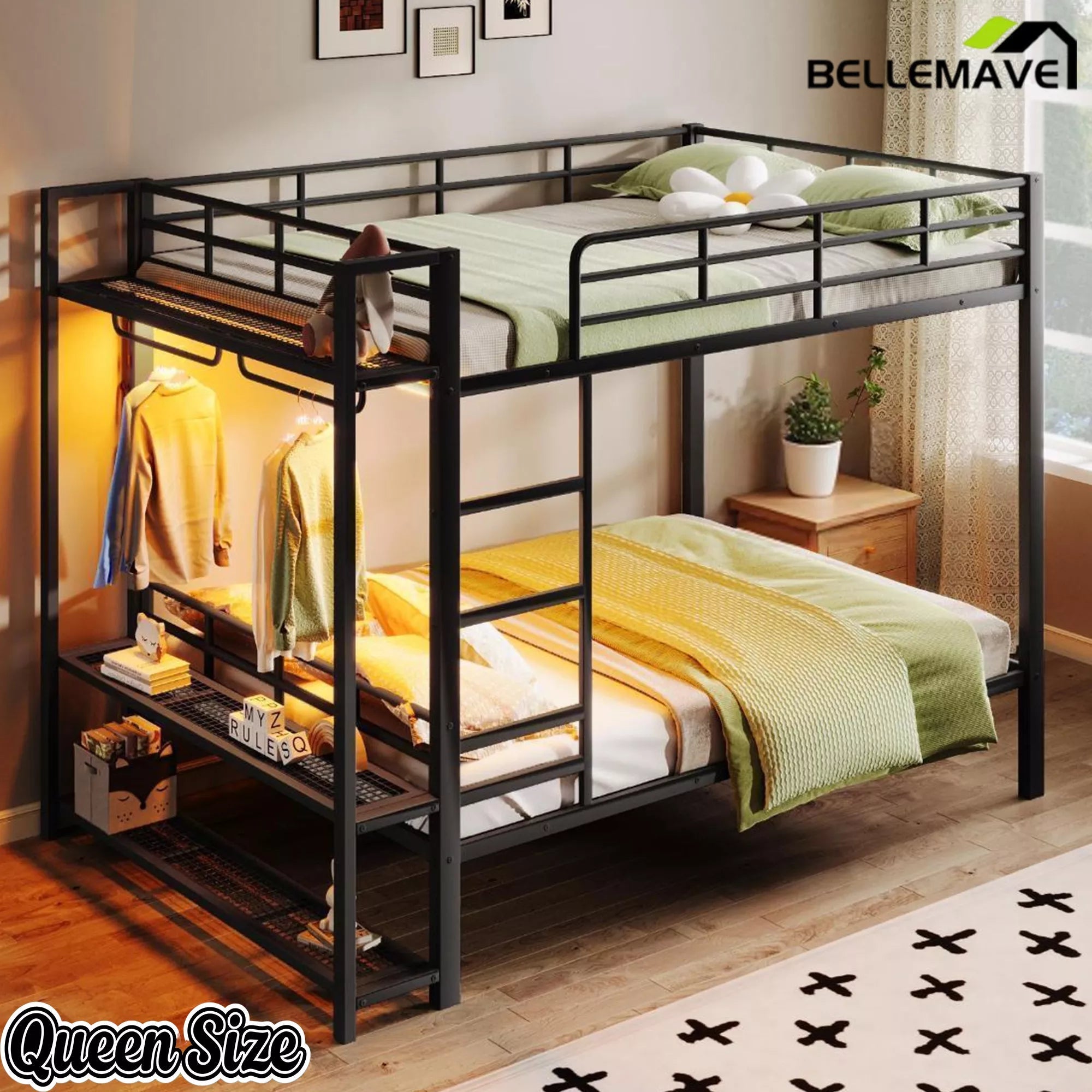 Bellemave® Metal Bunk Bed with Storage Shelves and LED Light, Space Saving Bed Frame for Kids & Teens - Bellemave