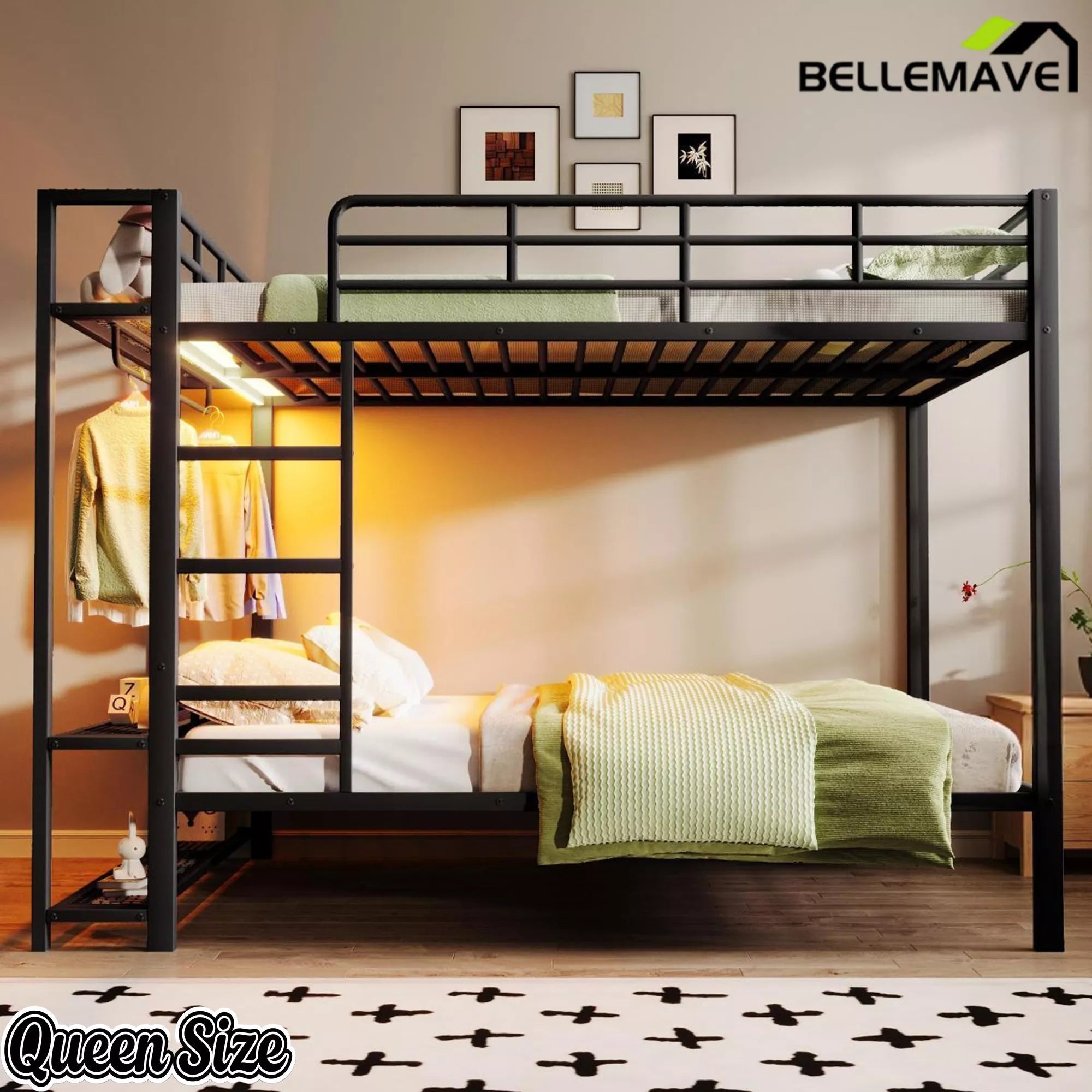 Bellemave® Metal Bunk Bed with Storage Shelves and LED Light, Space Saving Bed Frame for Kids & Teens - Bellemave