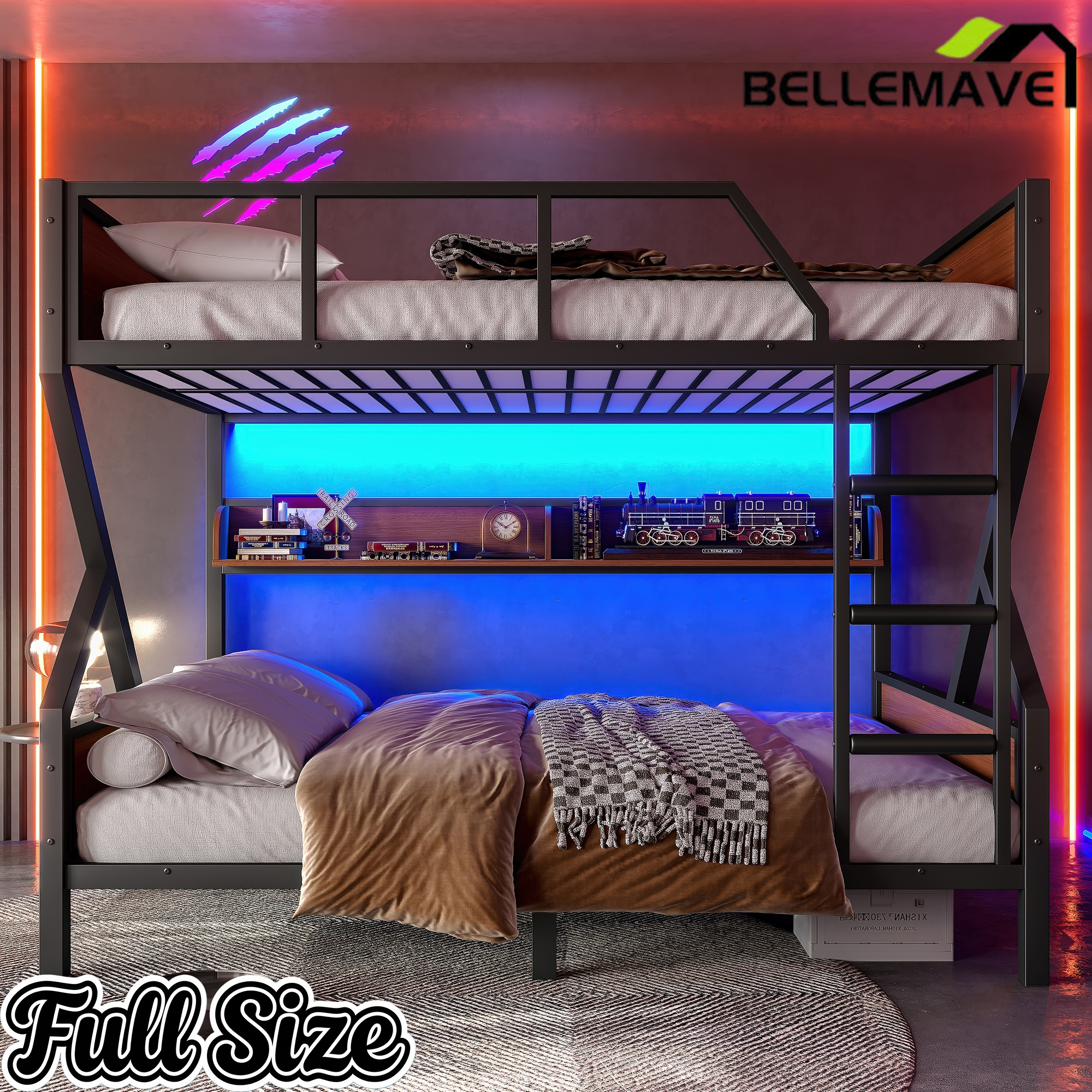 Bellemave® Metal Bunk Bed with Storage Shelves, Ladders & LED Lights, Heavy - duty Bunk bed for Bedrooms, Guest Rooms & Dorms, No Box Spring Needed & Noise - free Design, Black - Bellemave