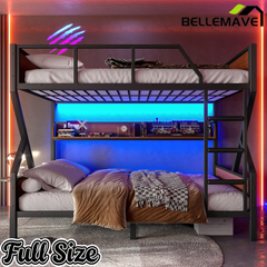 Bellemave® Metal Bunk Bed with Storage Shelves, Ladders & LED Lights, Heavy - duty Bunk bed for Bedrooms, Guest Rooms & Dorms, No Box Spring Needed & Noise - free Design, Black - Bellemave