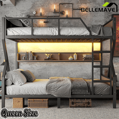 Bellemave® Metal Bunk Bed with Storage Shelves, Ladders & LED Lights, Heavy - duty Bunk bed for Bedrooms, Guest Rooms & Dorms, No Box Spring Needed & Noise - free Design, Black - Bellemave