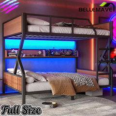 Bellemave® Metal Bunk Bed with Storage Shelves, Ladders & LED Lights, Heavy - duty Bunk bed for Bedrooms, Guest Rooms & Dorms, No Box Spring Needed & Noise - free Design, Black - Bellemave