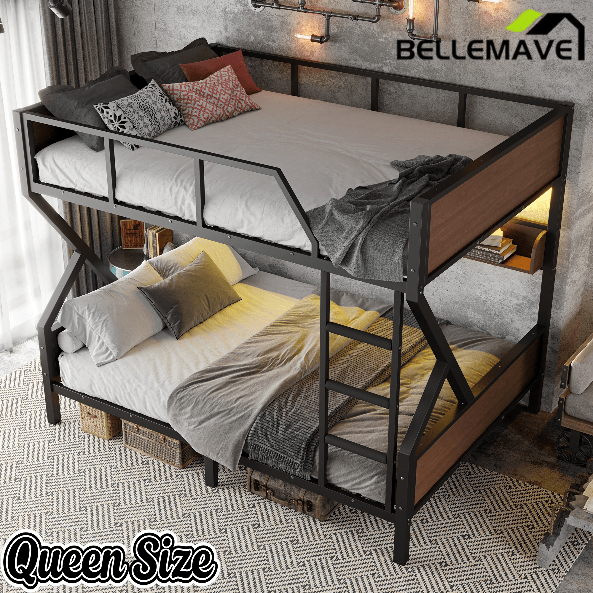 Bellemave® Metal Bunk Bed with Storage Shelves, Ladders & LED Lights, Heavy - duty Bunk bed for Bedrooms, Guest Rooms & Dorms, No Box Spring Needed & Noise - free Design, Black - Bellemave