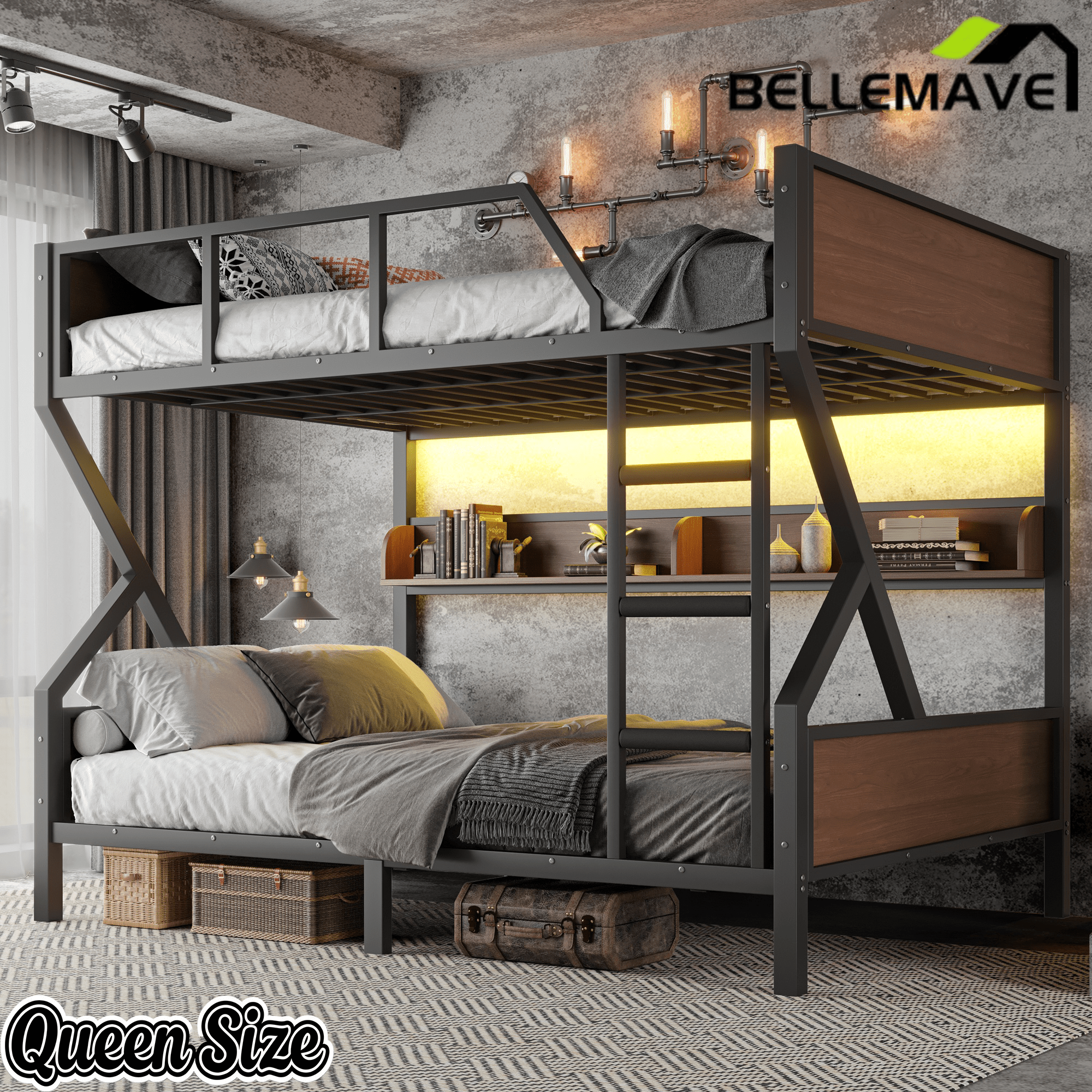 Bellemave® Metal Bunk Bed with Storage Shelves, Ladders & LED Lights, Heavy - duty Bunk bed for Bedrooms, Guest Rooms & Dorms, No Box Spring Needed & Noise - free Design, Black - Bellemave