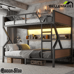 Bellemave® Metal Bunk Bed with Storage Shelves, Ladders & LED Lights, Heavy - duty Bunk bed for Bedrooms, Guest Rooms & Dorms, No Box Spring Needed & Noise - free Design, Black - Bellemave