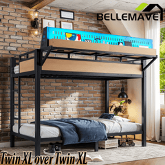 Bellemave® Metal Bunk Bed with Storage Shelves & Pegboard, Bunk Bed Frame with USB Ports & LED Lights for Teens and Adults - Bellemave
