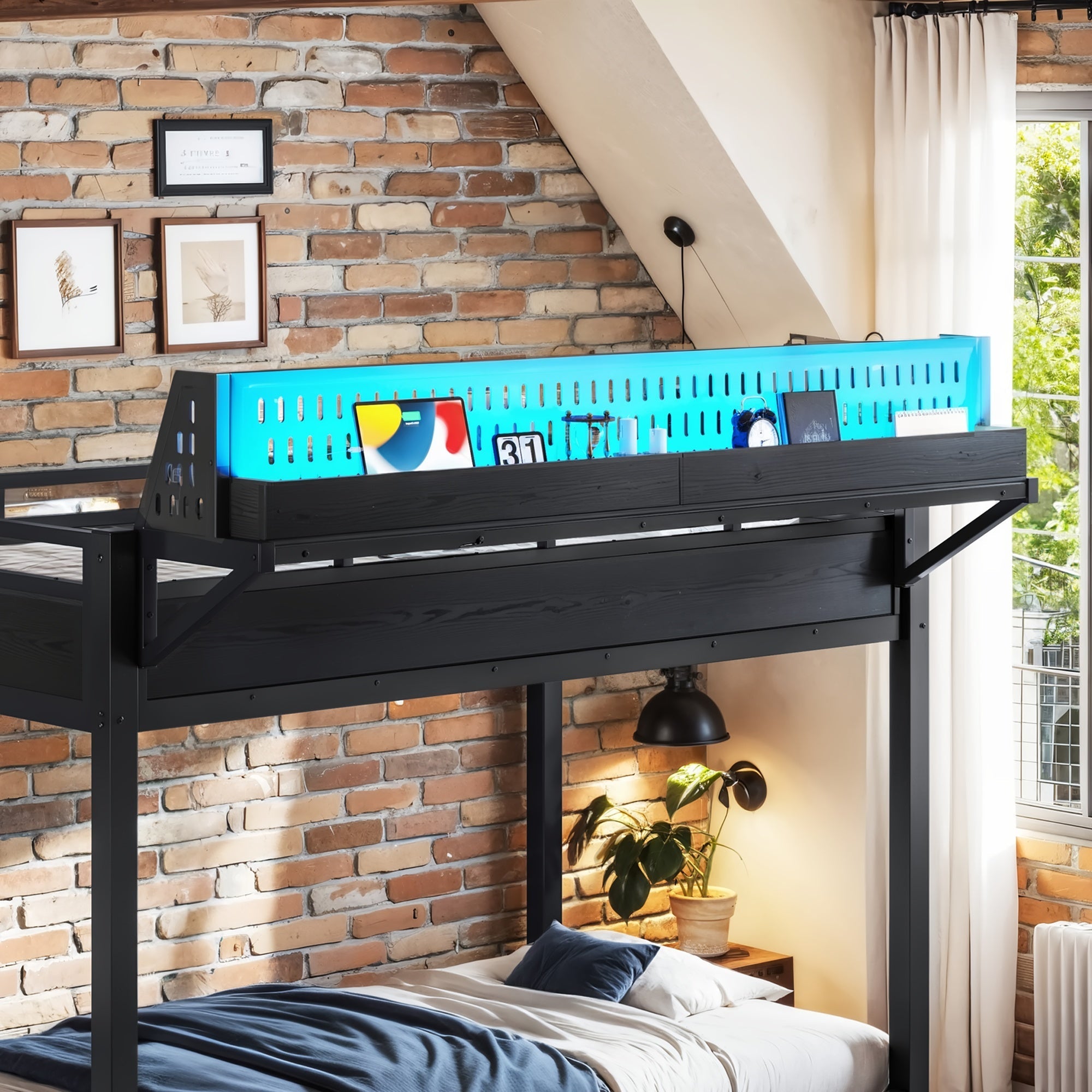 Bellemave® Metal Bunk Bed with Storage Shelves & Pegboard, Bunk Bed Frame with USB Ports & LED Lights for Teens and Adults - Bellemave