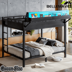 Bellemave® Metal Bunk Bed with Storage Shelves & Pegboard, Bunk Bed Frame with USB Ports & LED Lights for Teens and Adults - Bellemave