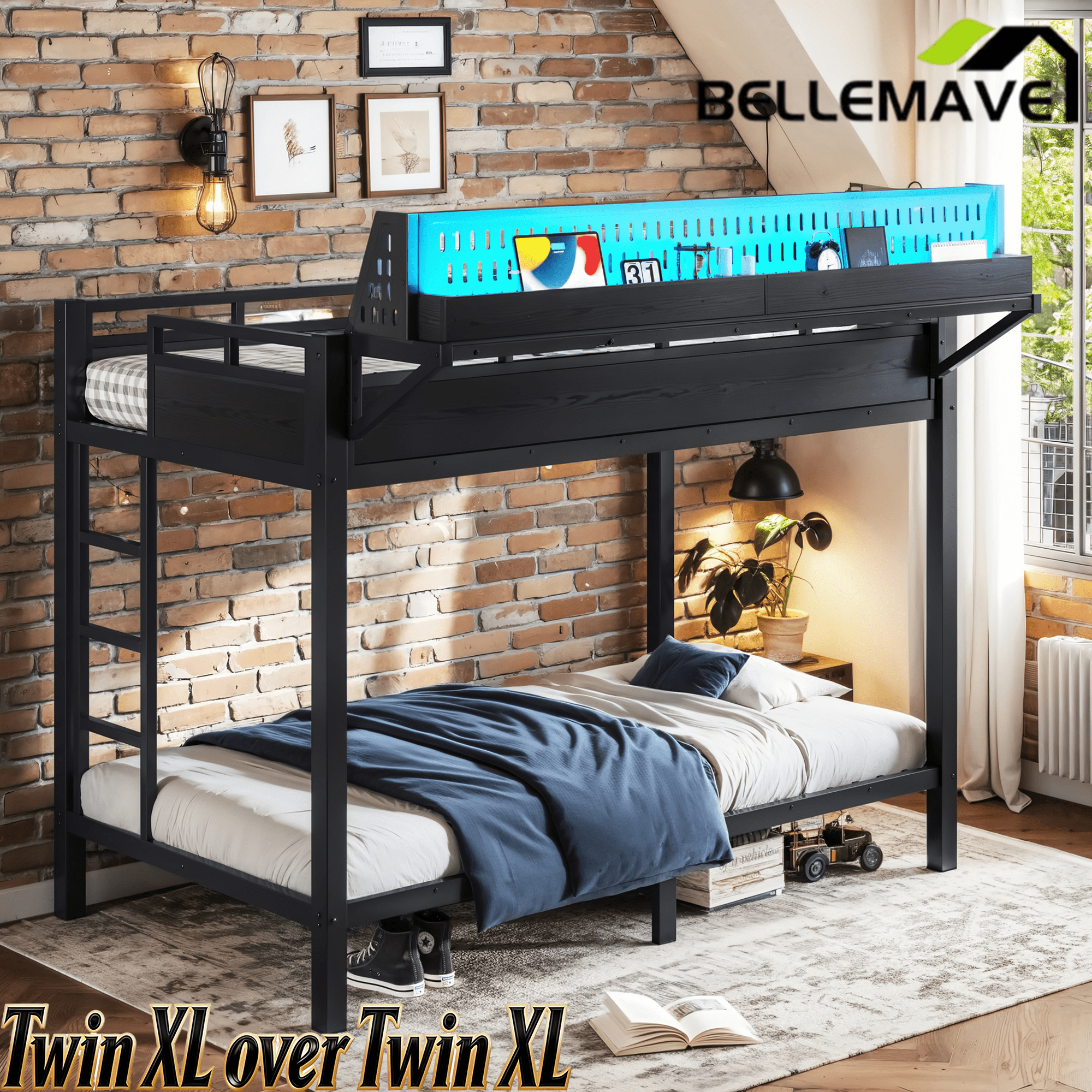 Bellemave® Metal Bunk Bed with Storage Shelves & Pegboard, Bunk Bed Frame with USB Ports & LED Lights for Teens and Adults - Bellemave