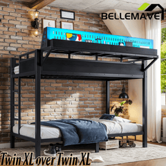 Bellemave® Metal Bunk Bed with Storage Shelves & Pegboard, Bunk Bed Frame with USB Ports & LED Lights for Teens and Adults - Bellemave