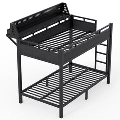 Bellemave® Metal Bunk Bed with Storage Shelves & Pegboard, Bunk Bed Frame with USB Ports & LED Lights for Teens and Adults - Bellemave