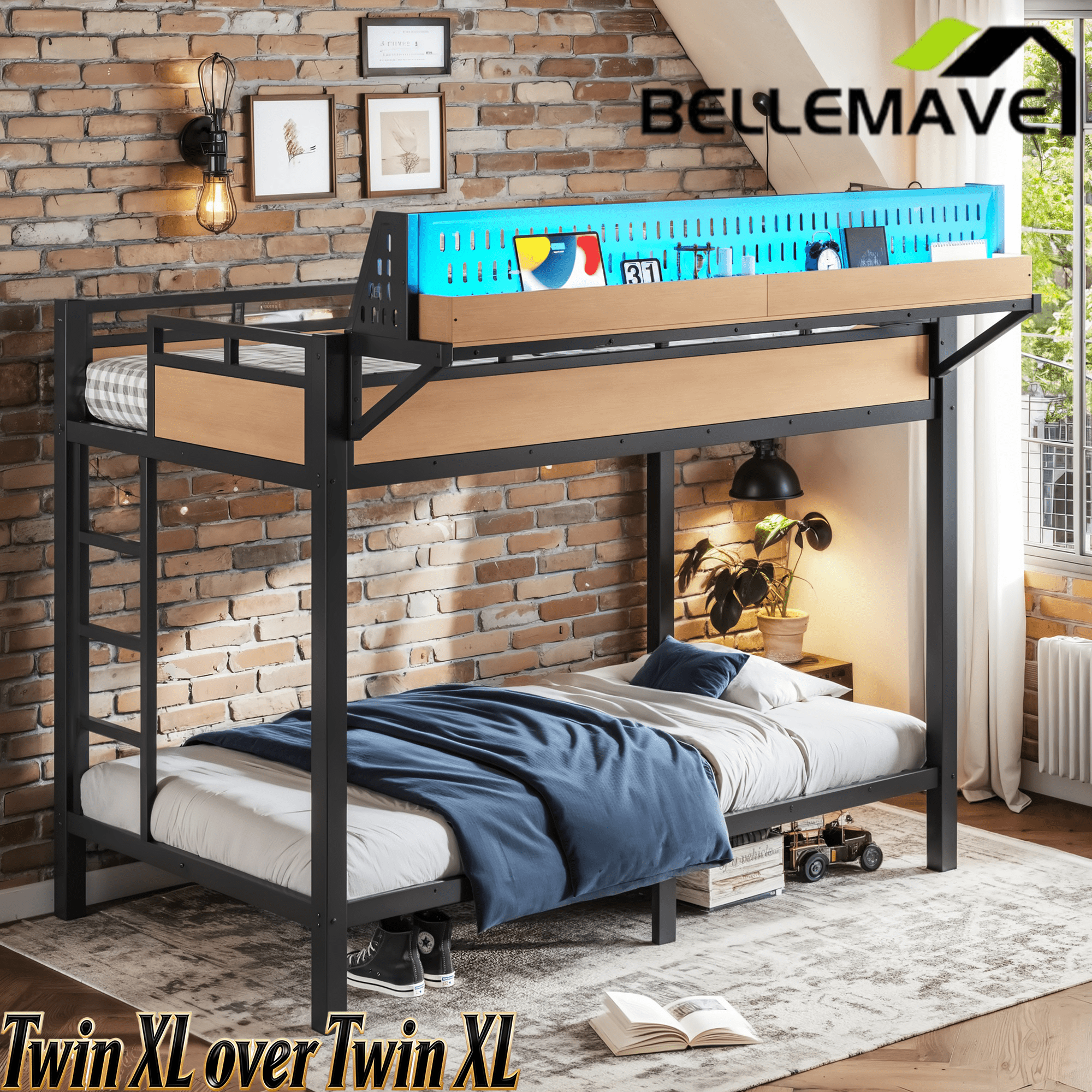 Bellemave® Metal Bunk Bed with Storage Shelves & Pegboard, Bunk Bed Frame with USB Ports & LED Lights for Teens and Adults - Bellemave