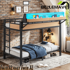 Bellemave® Metal Bunk Bed with Storage Shelves & Pegboard, Bunk Bed Frame with USB Ports & LED Lights for Teens and Adults - Bellemave