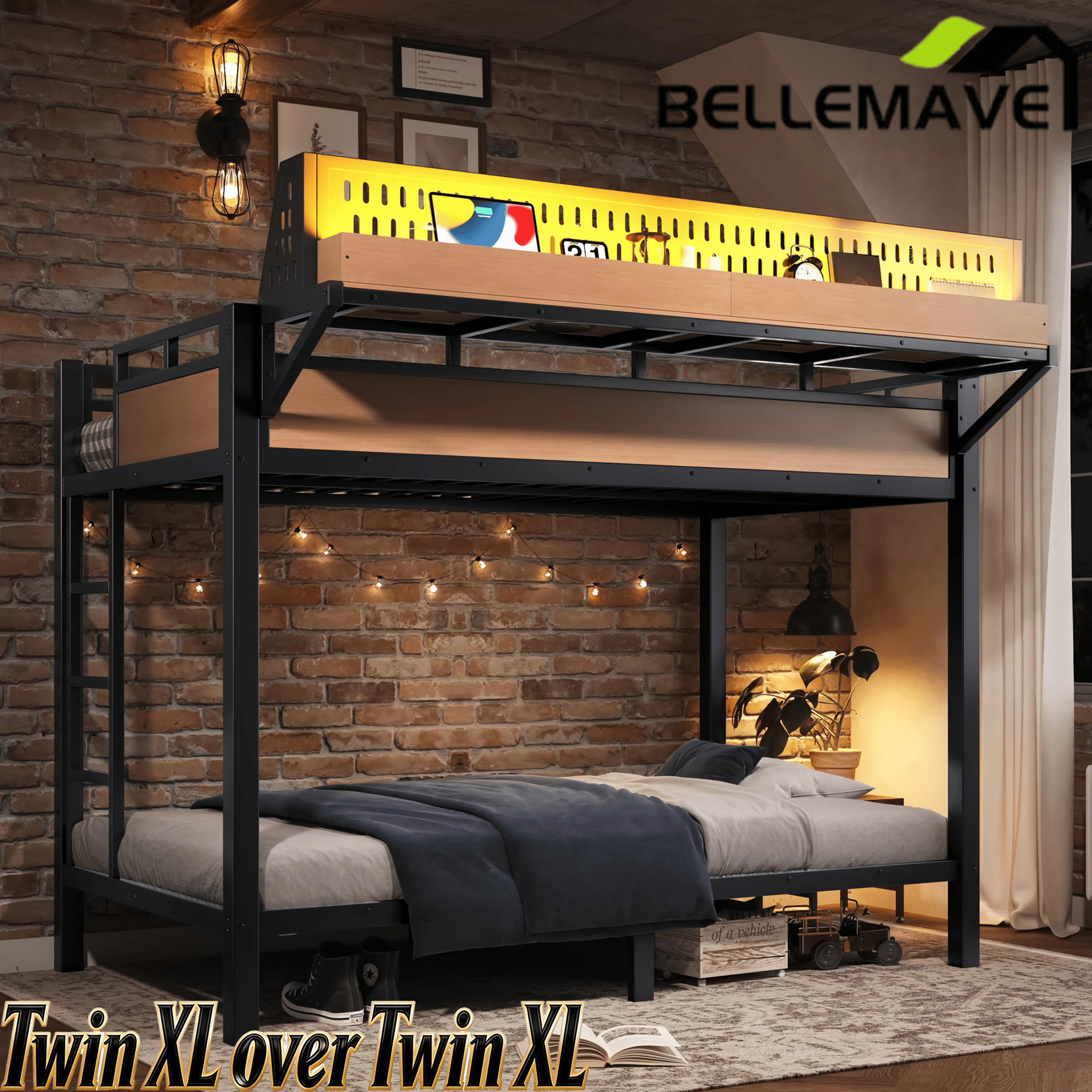 Bellemave® Metal Bunk Bed with Storage Shelves & Pegboard, Bunk Bed Frame with USB Ports & LED Lights for Teens and Adults - Bellemave