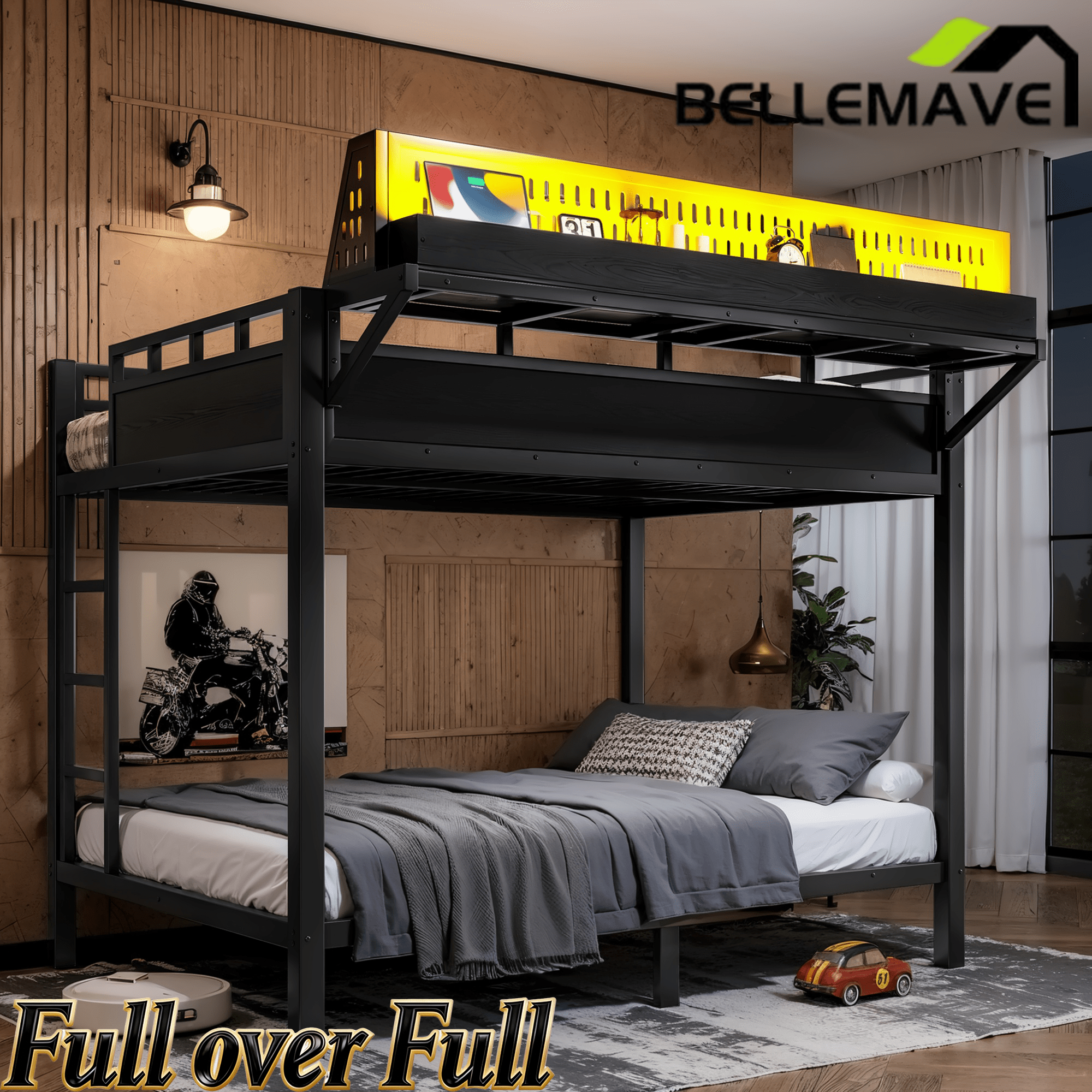 Bellemave® Metal Bunk Bed with Storage Shelves & Pegboard, Bunk Bed Frame with USB Ports & LED Lights for Teens and Adults - Bellemave