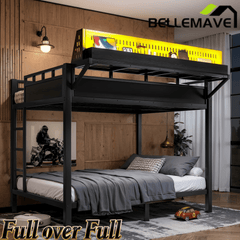 Bellemave® Metal Bunk Bed with Storage Shelves & Pegboard, Bunk Bed Frame with USB Ports & LED Lights for Teens and Adults - Bellemave