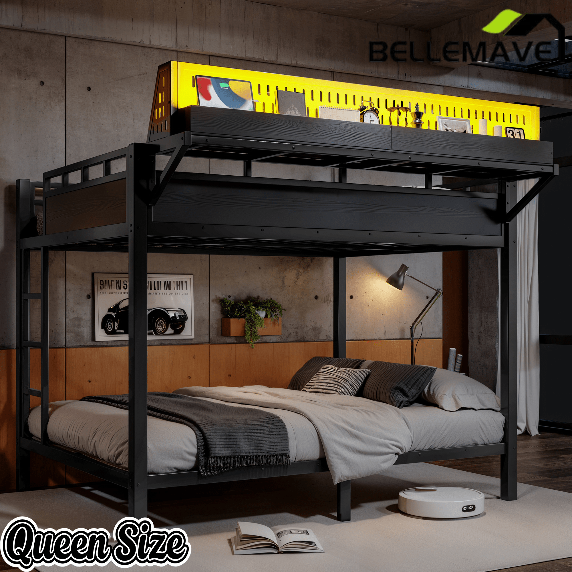 Bellemave® Metal Bunk Bed with Storage Shelves & Pegboard, Bunk Bed Frame with USB Ports & LED Lights for Teens and Adults - Bellemave