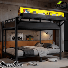 Bellemave® Metal Bunk Bed with Storage Shelves & Pegboard, Bunk Bed Frame with USB Ports & LED Lights for Teens and Adults - Bellemave