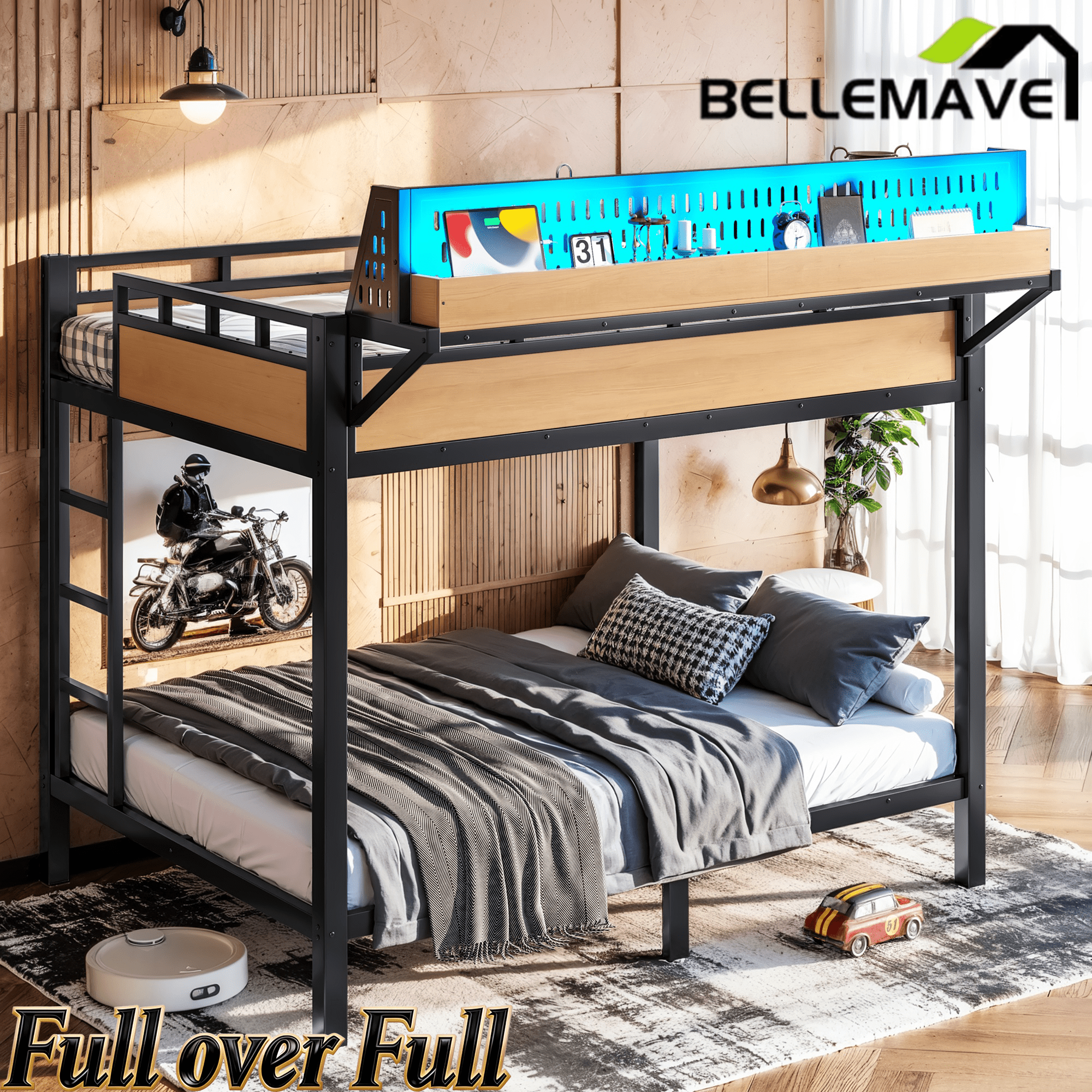 Bellemave® Metal Bunk Bed with Storage Shelves & Pegboard, Bunk Bed Frame with USB Ports & LED Lights for Teens and Adults - Bellemave