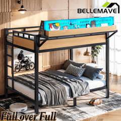 Bellemave® Metal Bunk Bed with Storage Shelves & Pegboard, Bunk Bed Frame with USB Ports & LED Lights for Teens and Adults - Bellemave
