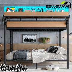 Bellemave® Metal Bunk Bed with Storage Shelves & Pegboard, Bunk Bed Frame with USB Ports & LED Lights for Teens and Adults - Bellemave