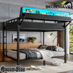 Bellemave® Metal Bunk Bed with Storage Shelves & Pegboard, Bunk Bed Frame with USB Ports & LED Lights for Teens and Adults - Bellemave