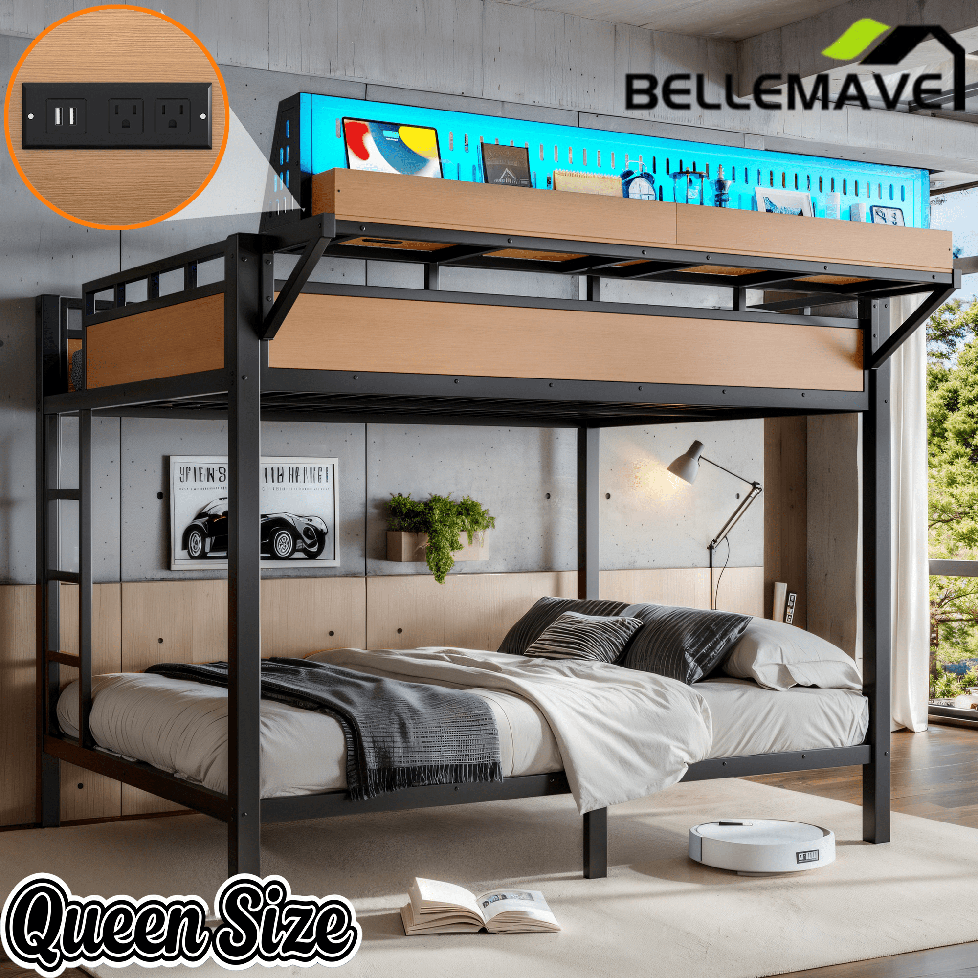 Bellemave® Metal Bunk Bed with Storage Shelves & Pegboard, Bunk Bed Frame with USB Ports & LED Lights for Teens and Adults - Bellemave