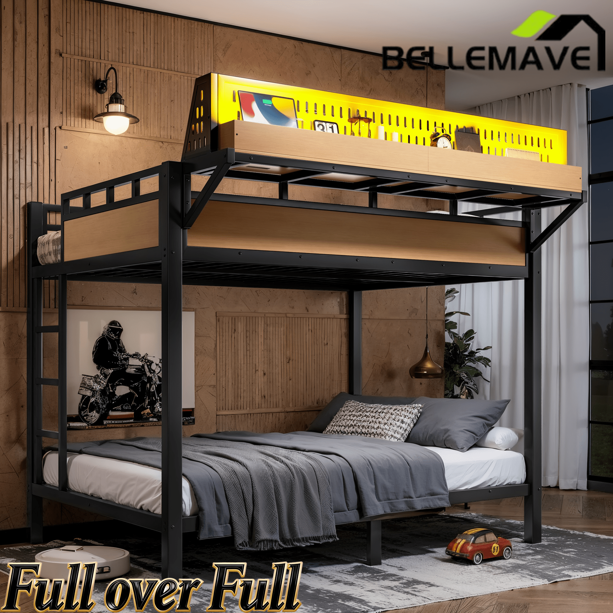 Bellemave® Metal Bunk Bed with Storage Shelves & Pegboard, Bunk Bed Frame with USB Ports & LED Lights for Teens and Adults - Bellemave