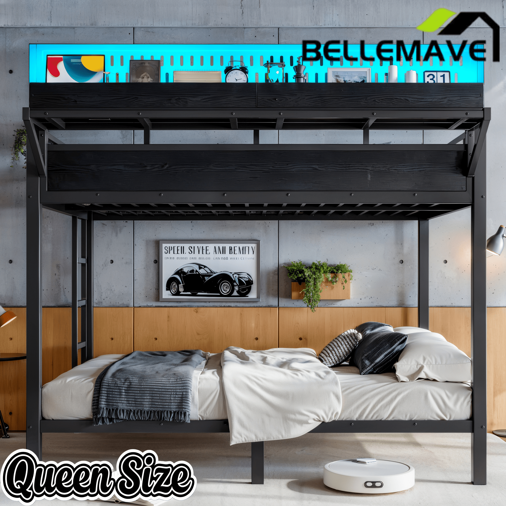 Bellemave® Metal Bunk Bed with Storage Shelves & Pegboard, Bunk Bed Frame with USB Ports & LED Lights for Teens and Adults - Bellemave