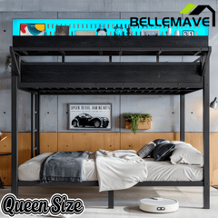 Bellemave® Metal Bunk Bed with Storage Shelves & Pegboard, Bunk Bed Frame with USB Ports & LED Lights for Teens and Adults - Bellemave