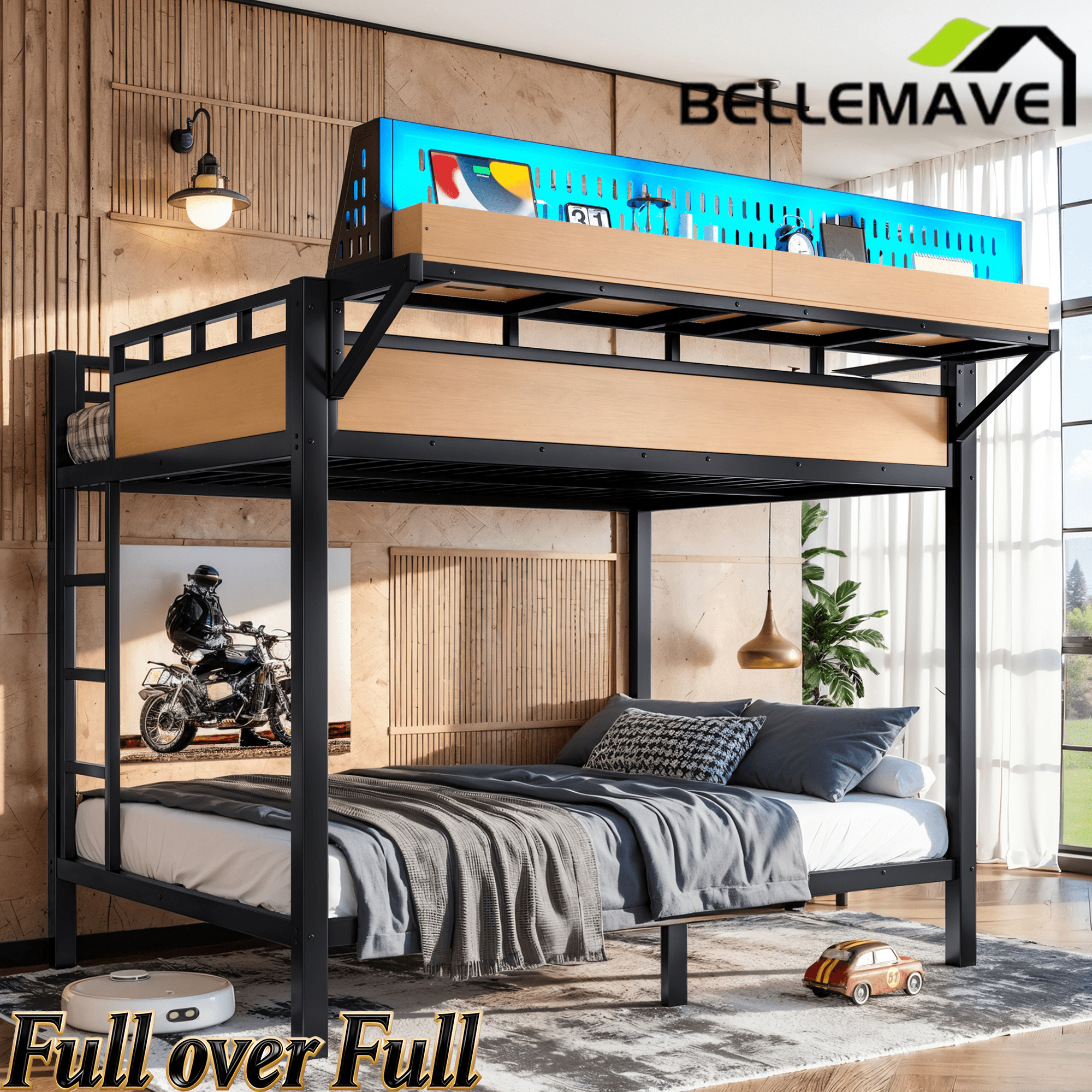 Bellemave® Metal Bunk Bed with Storage Shelves & Pegboard, Bunk Bed Frame with USB Ports & LED Lights for Teens and Adults - Bellemave